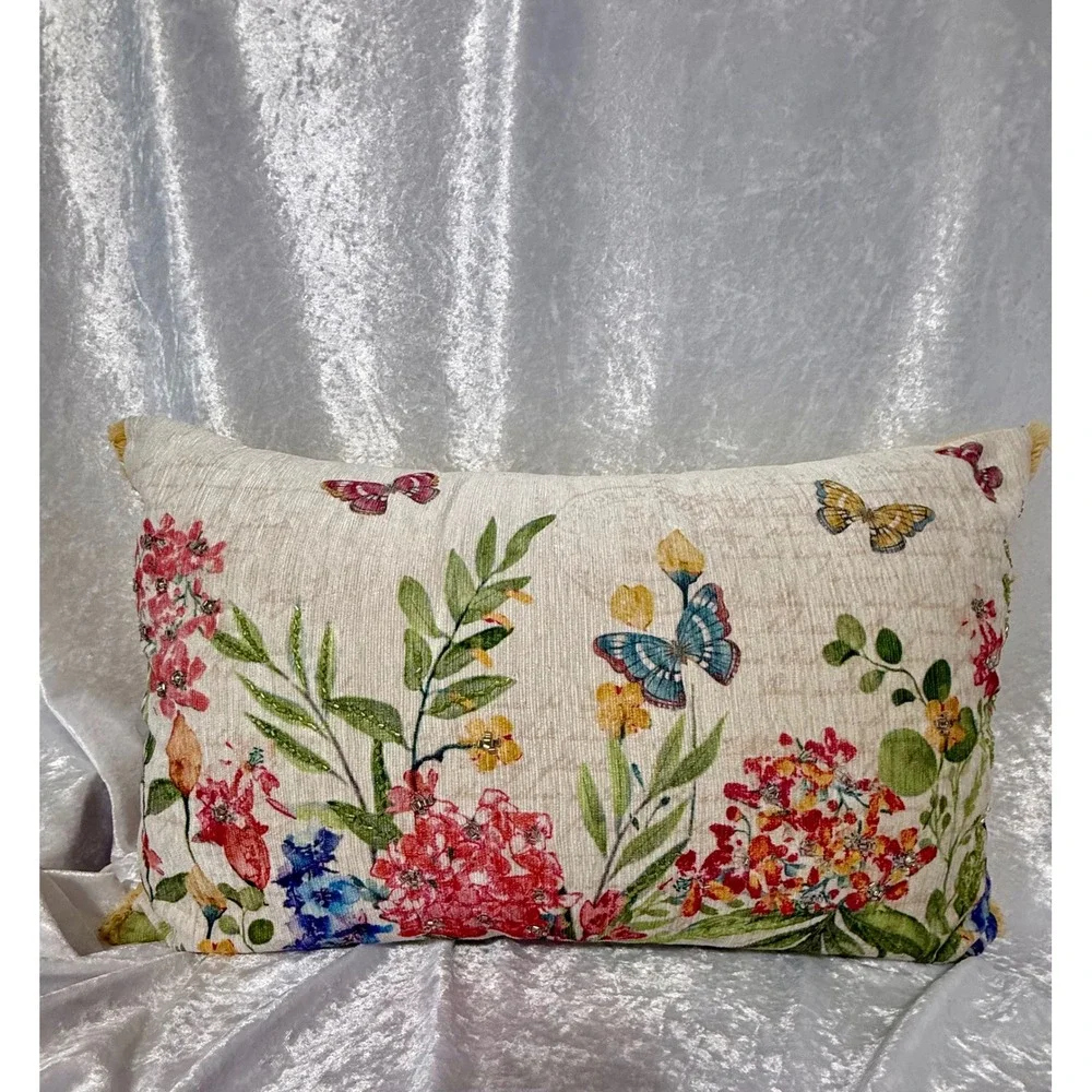 Primrose Vintage Floral Butterfly Beaded Fringed Throw Pillow Yellow Multicolor